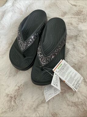 CROCS Black Glitter Wedge Flip Sandals